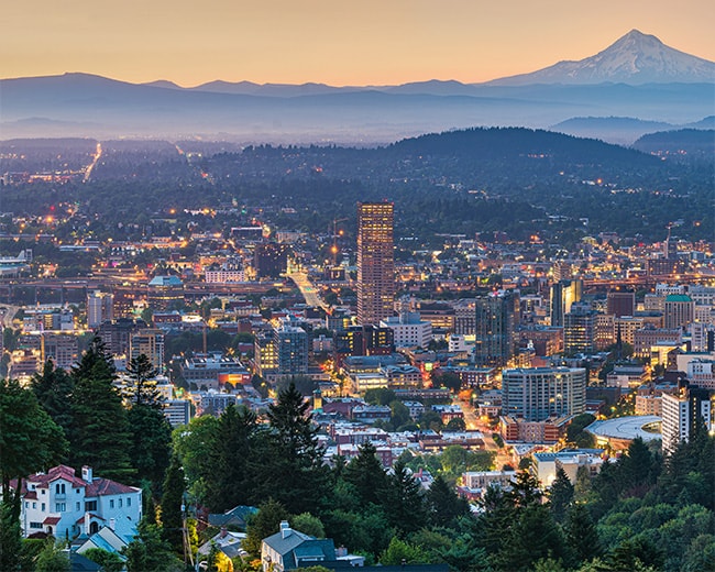aerial photo portland oregon with mountains in background