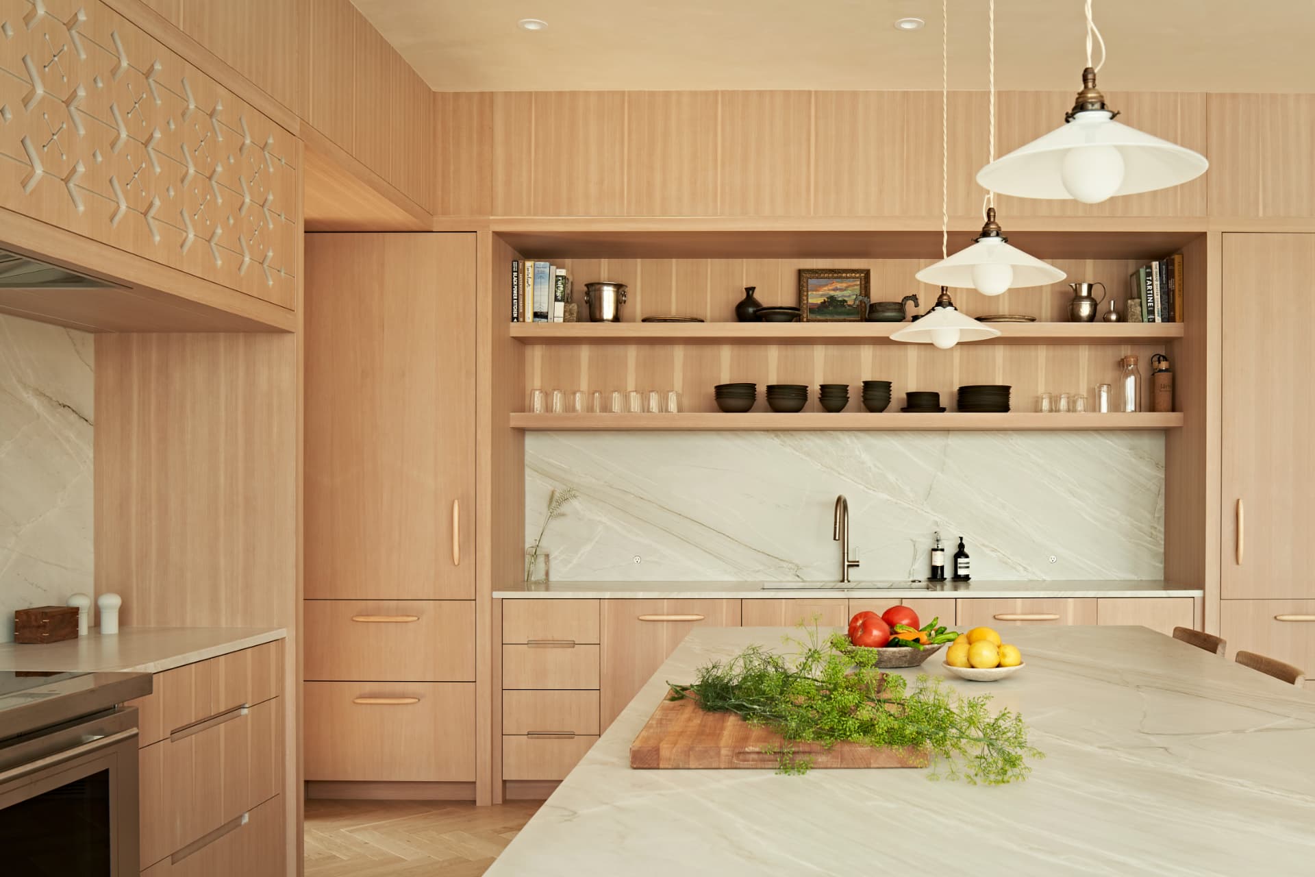 Hill House kitchen sink beneath open shelving