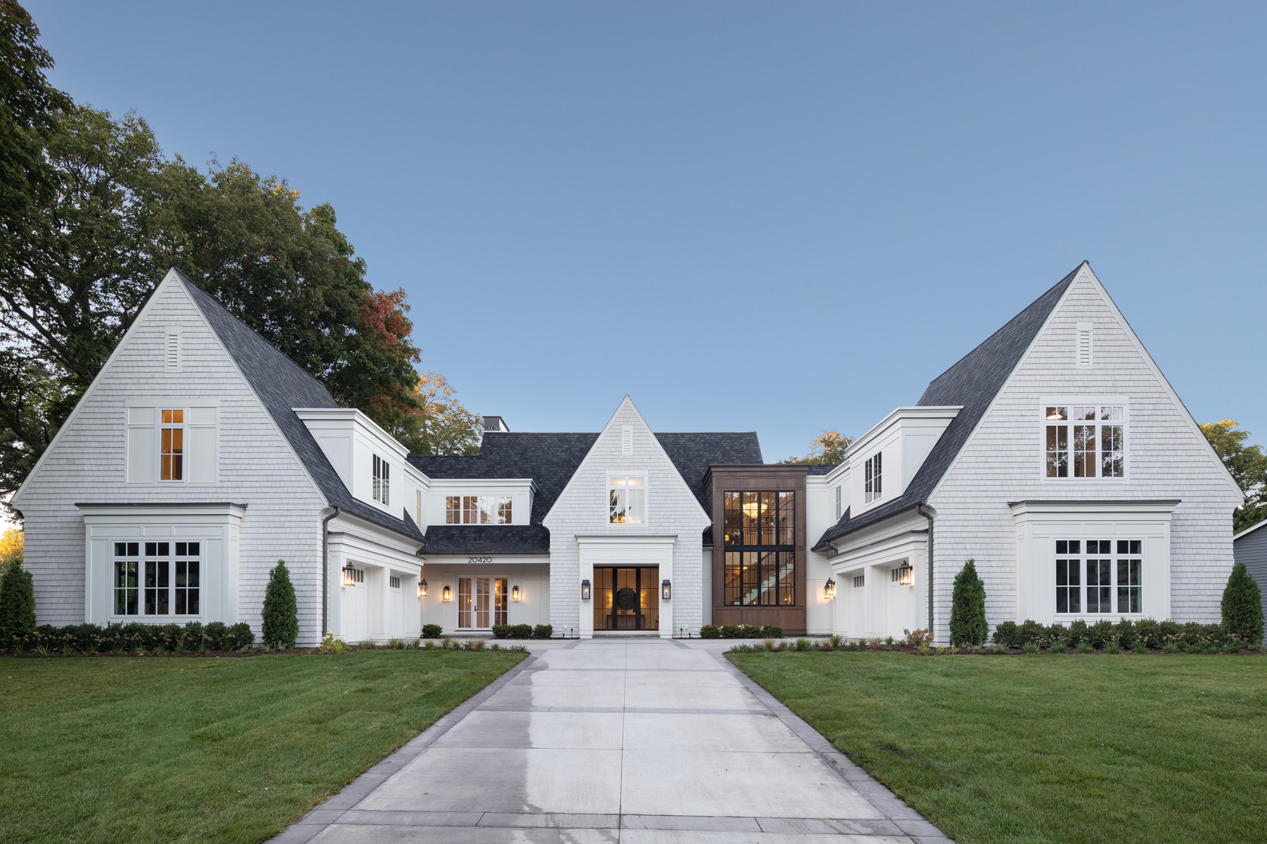 Carson Bay custom home exterior at dusk