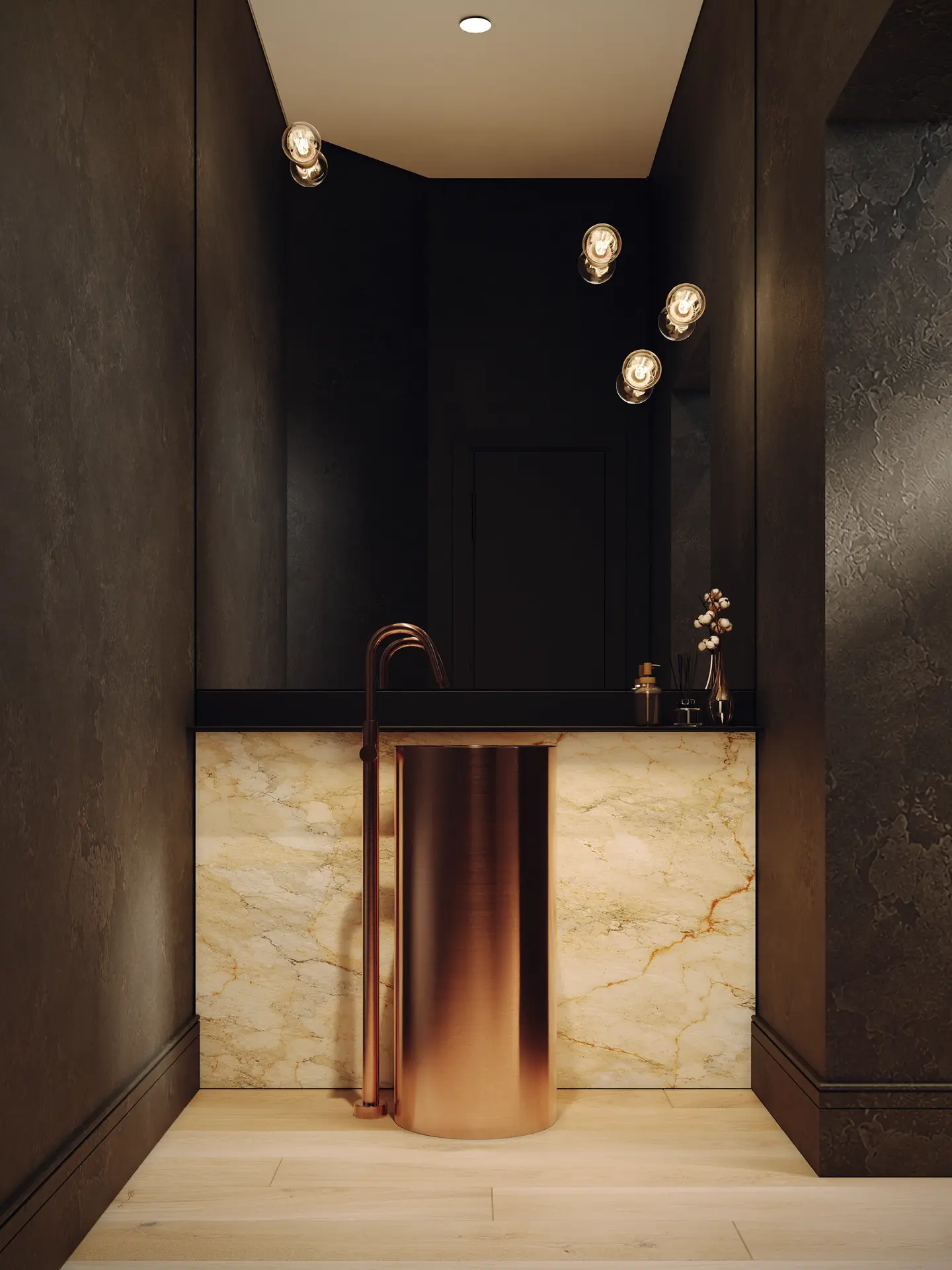 Little Orchard powder room with copper pedestal sink and marble surround