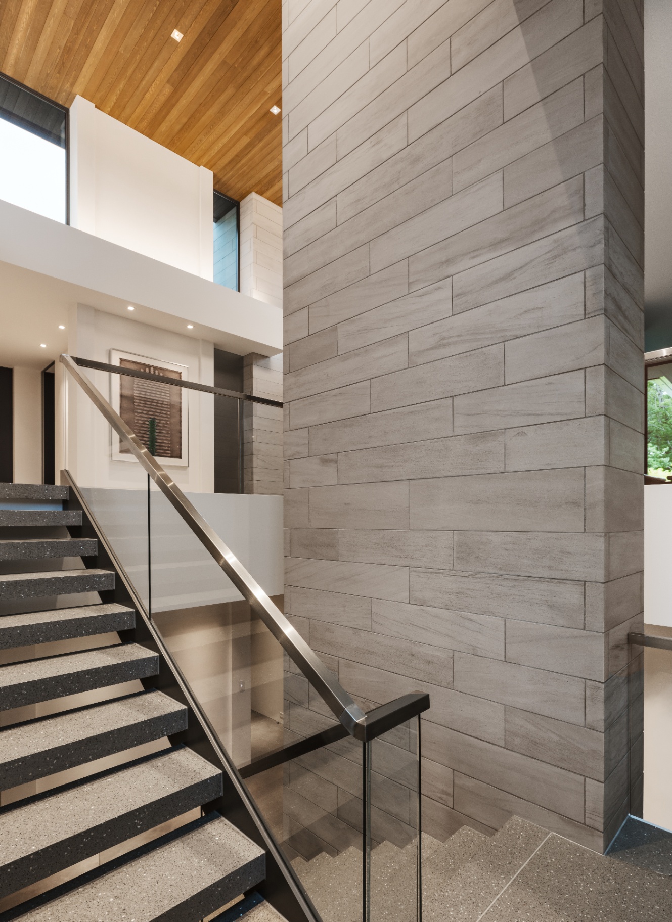 Lake Marion floating staircase beneath a wood ceiling