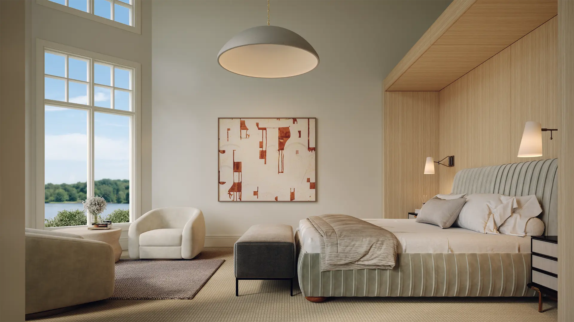 Little Orchard primary bedroom with lake views and white oak paneling