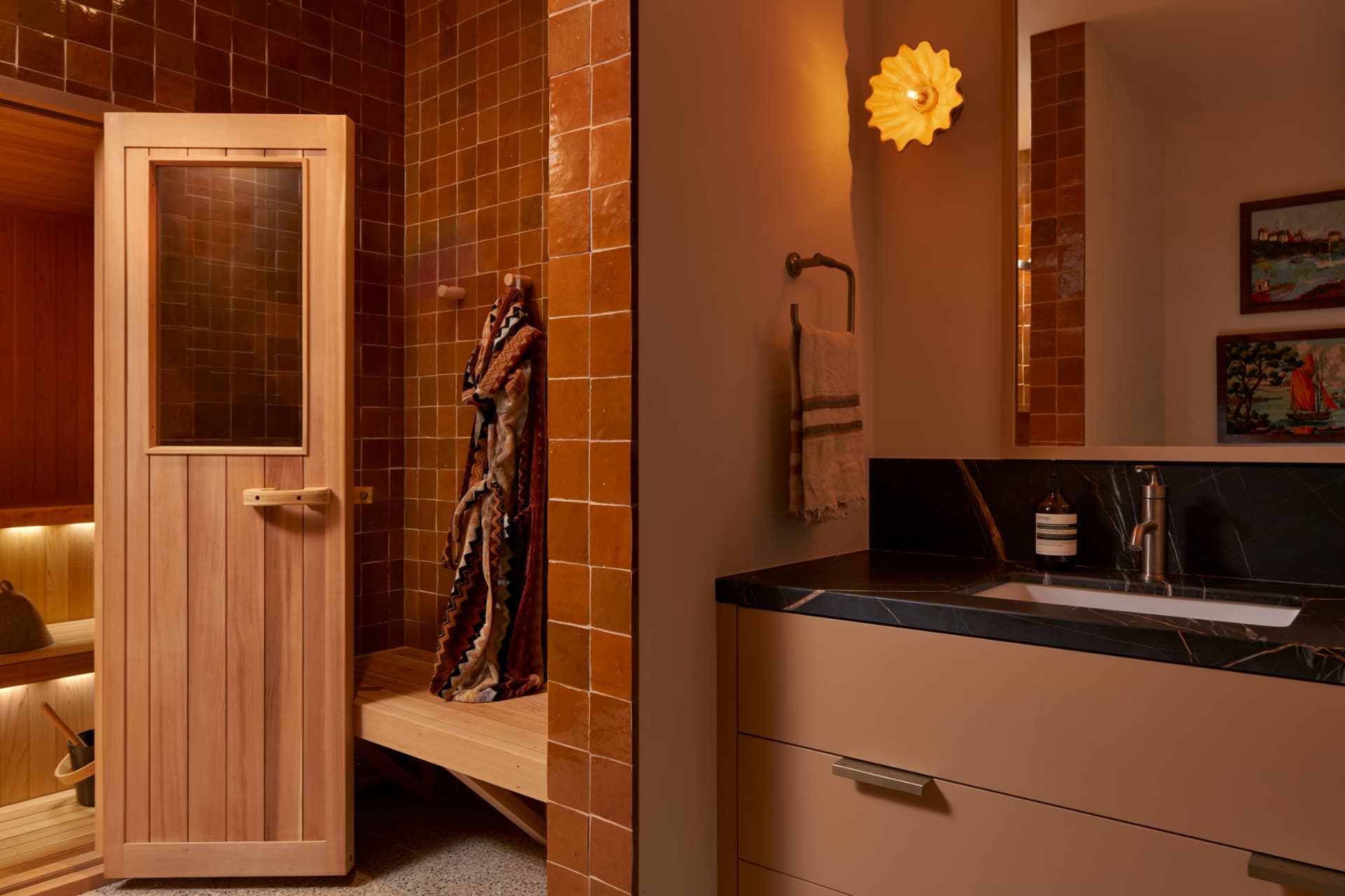 Hill House bathroom looking toward the cedar sauna
