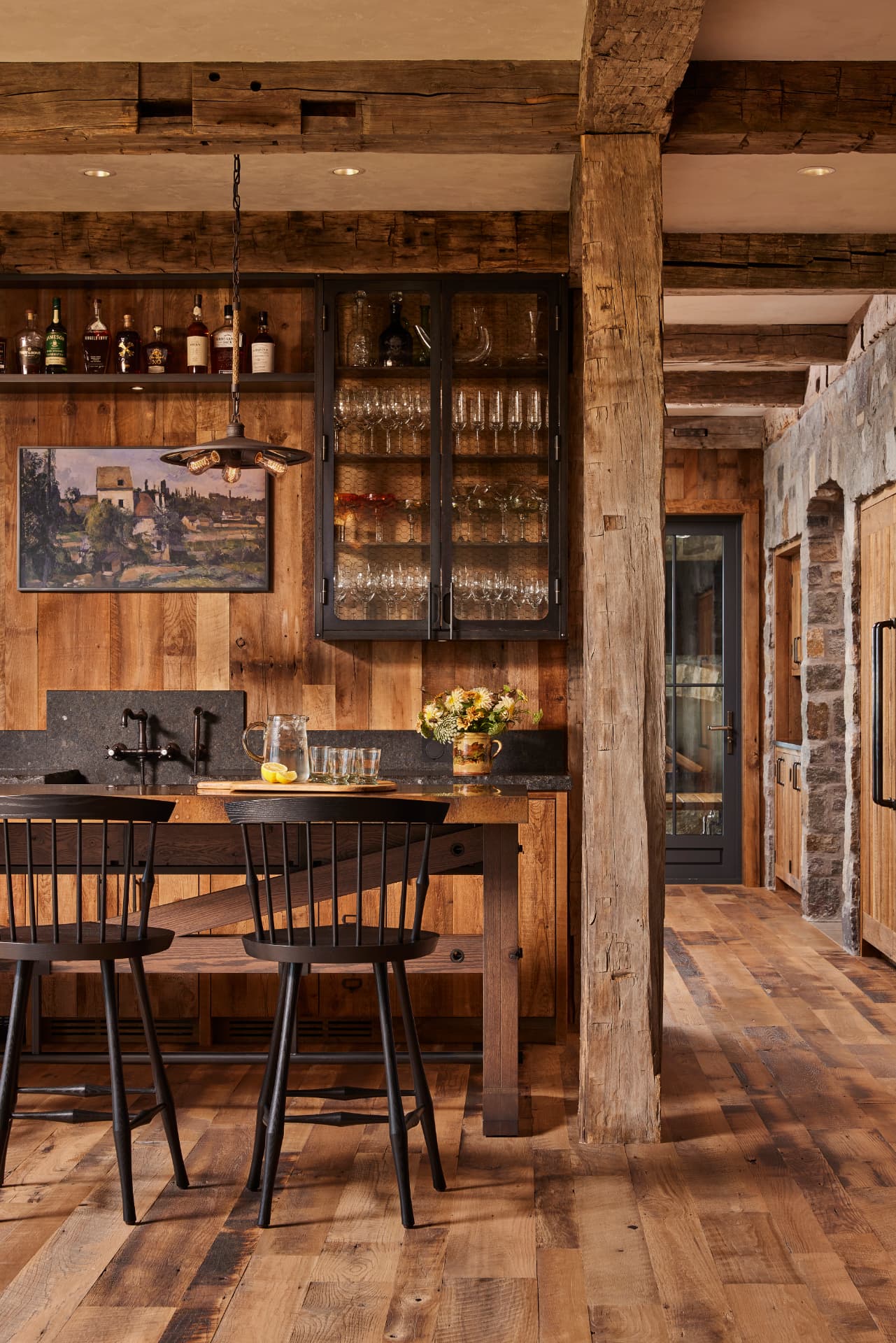 Timber Retreat bar cabinetry and stone passage