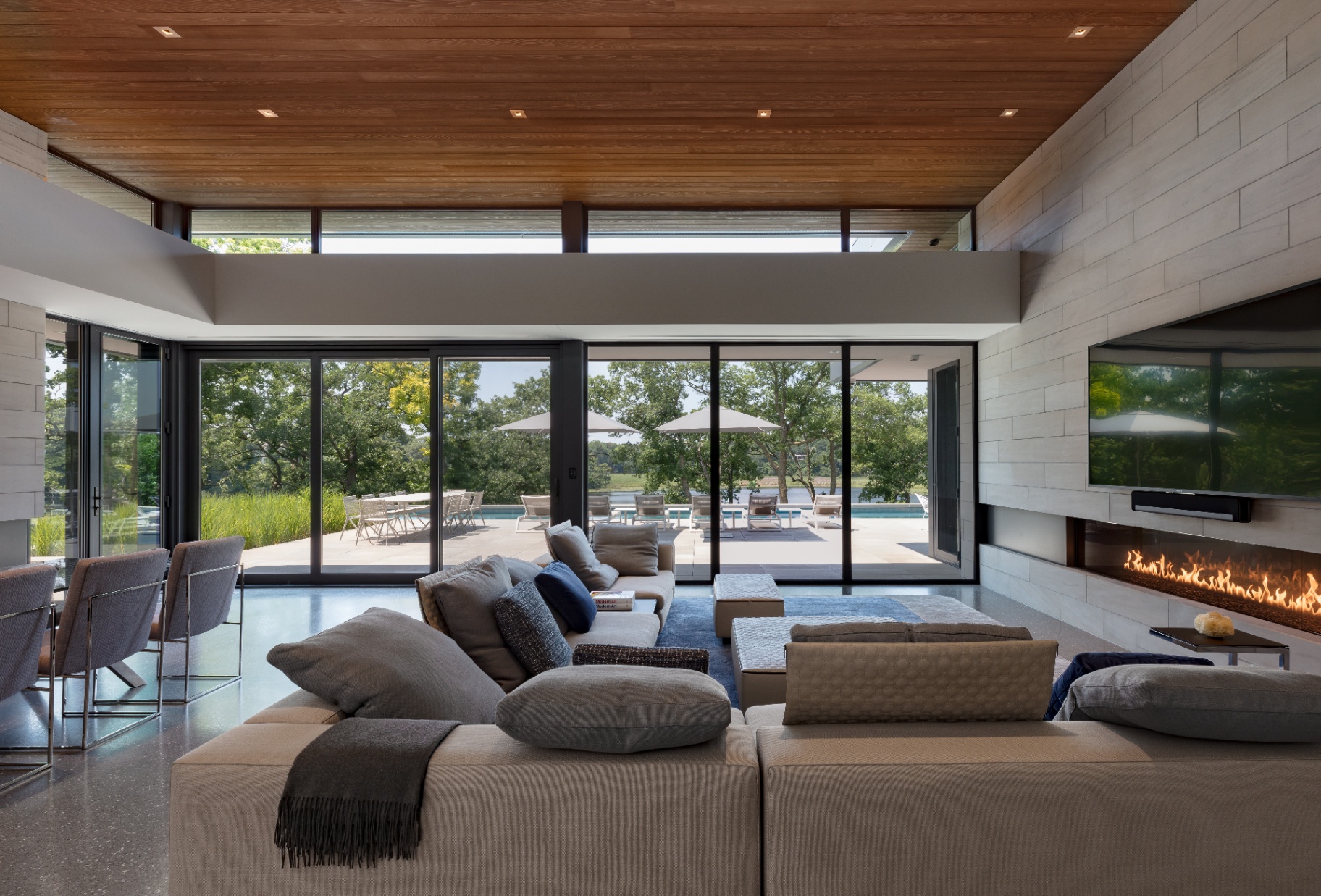 Lake Marion living room opening to the pool terrace