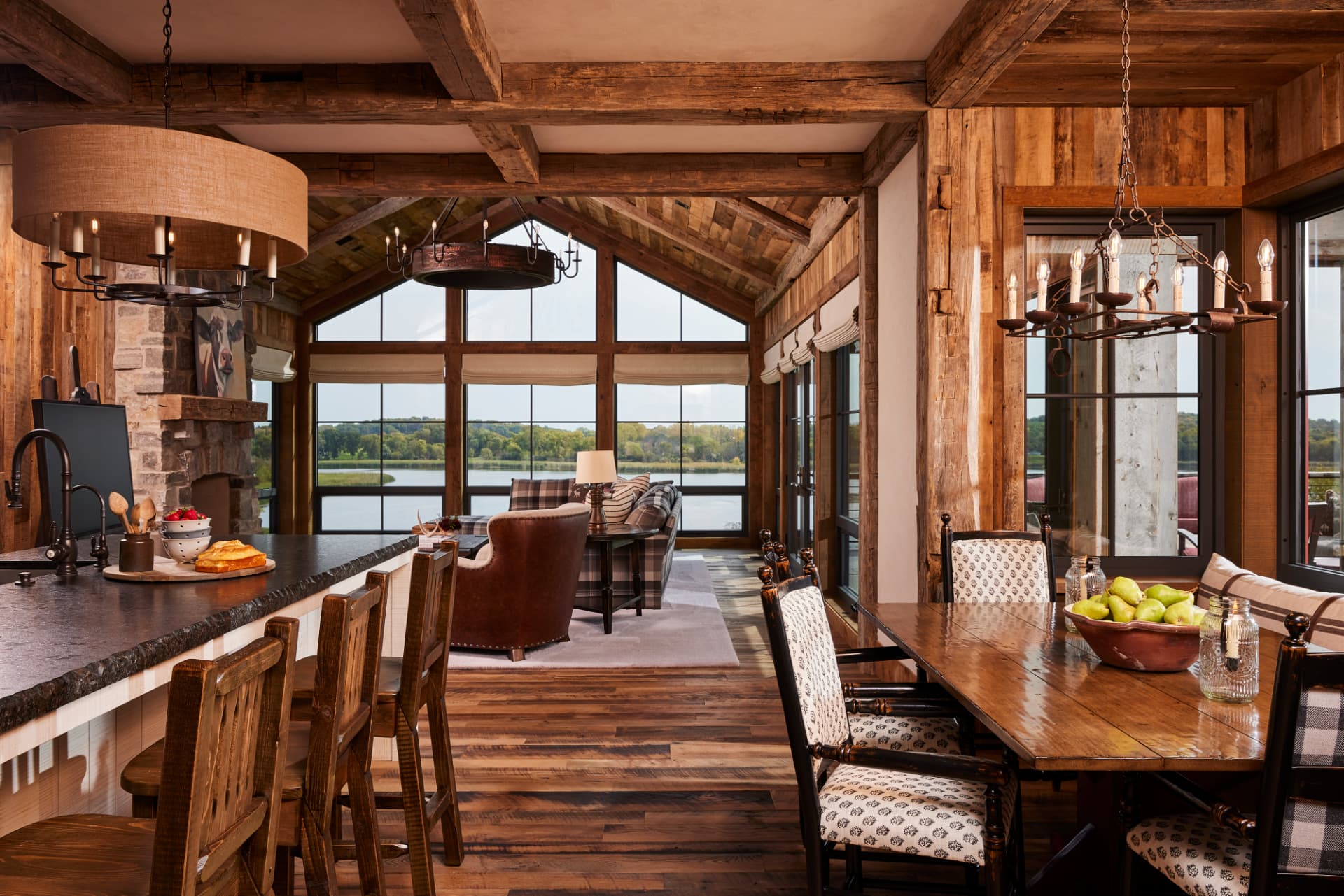 Timber Retreat lake-facing great room with plaid seating