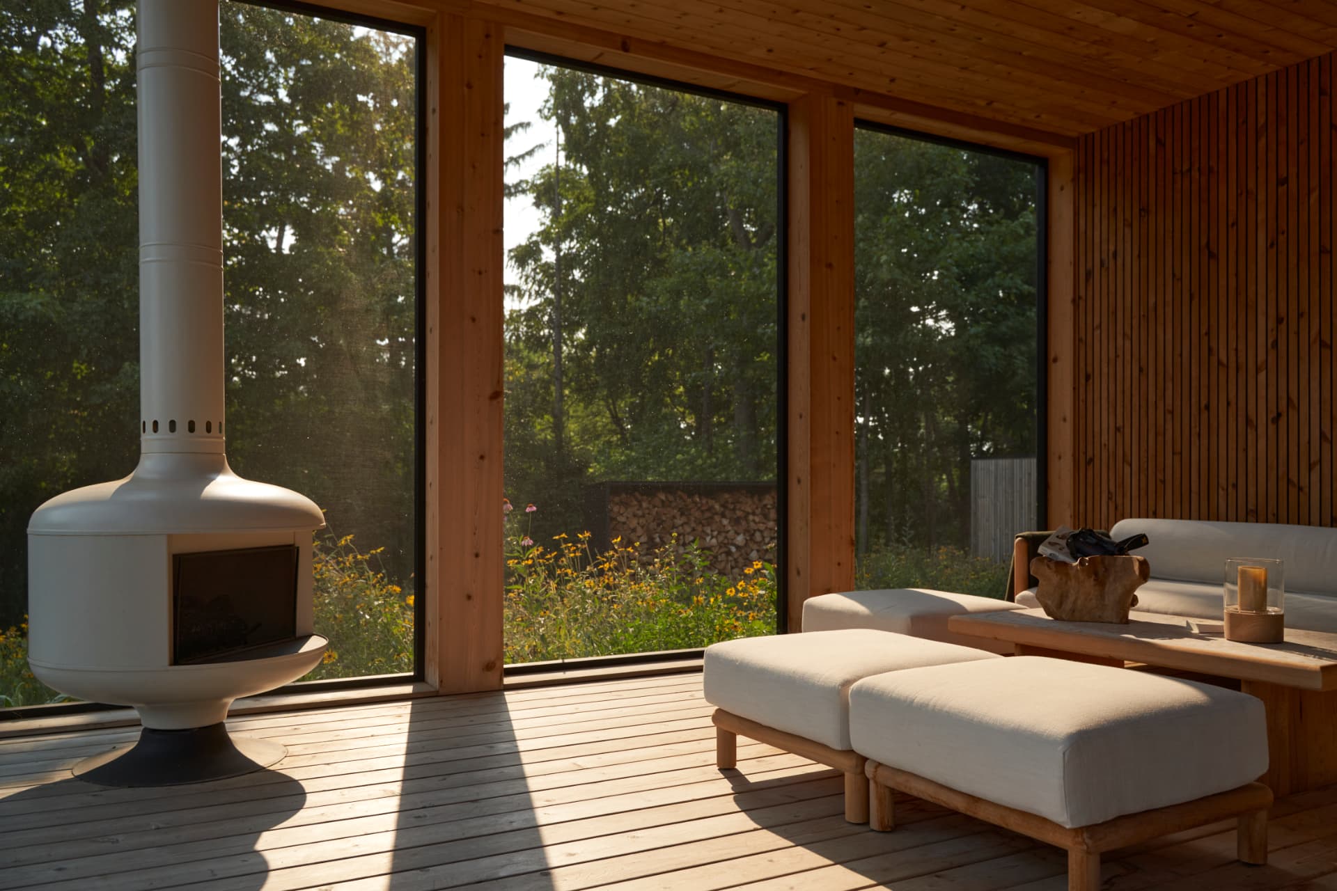Hill House cedar porch with a suspended fireplace