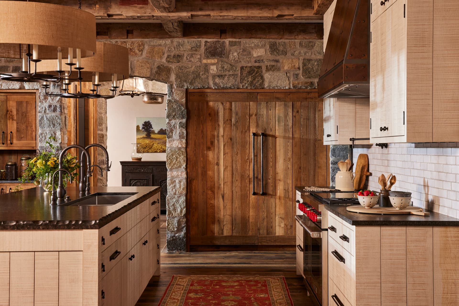 Timber Retreat kitchen island with drum pendant lights
