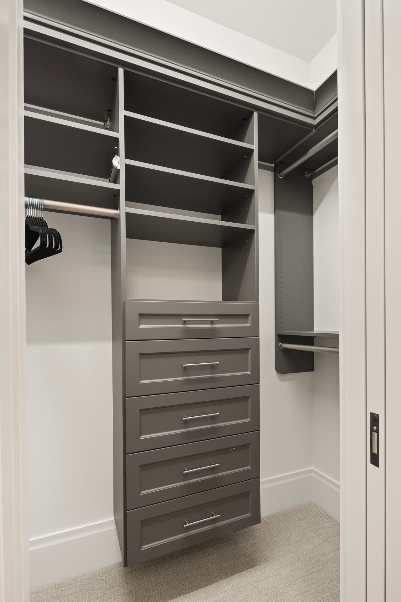 Highcroft fitted closet with charcoal shelving and drawer bank