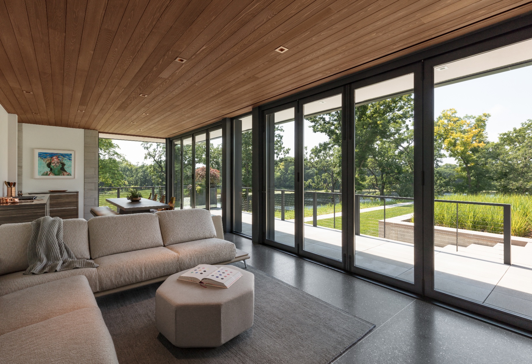 Lake Marion living room with wood ceiling and lake view