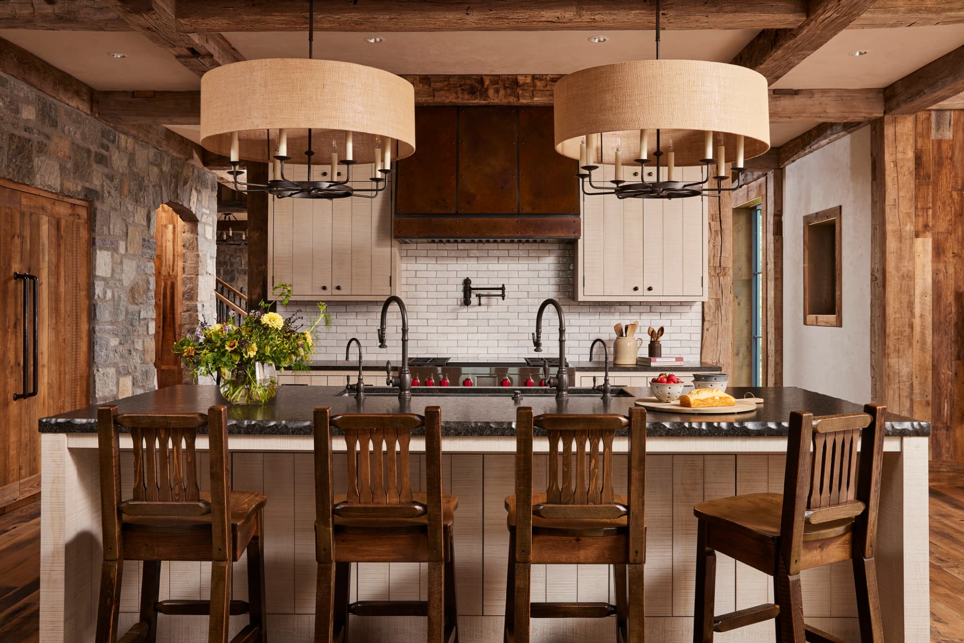 Timber Retreat kitchen island with wooden bar stools