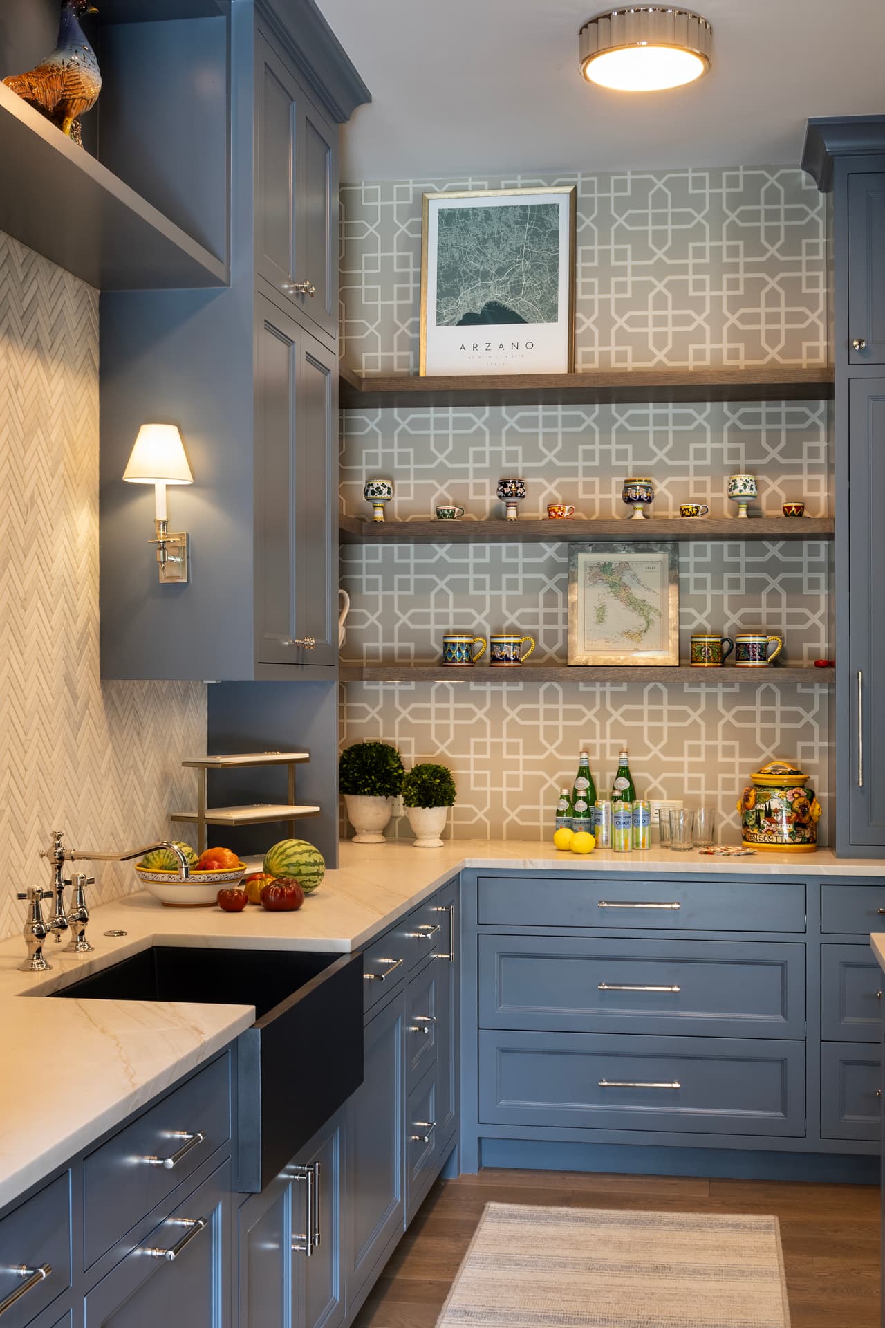 Highcroft blue pantry with open shelving and collected ceramics