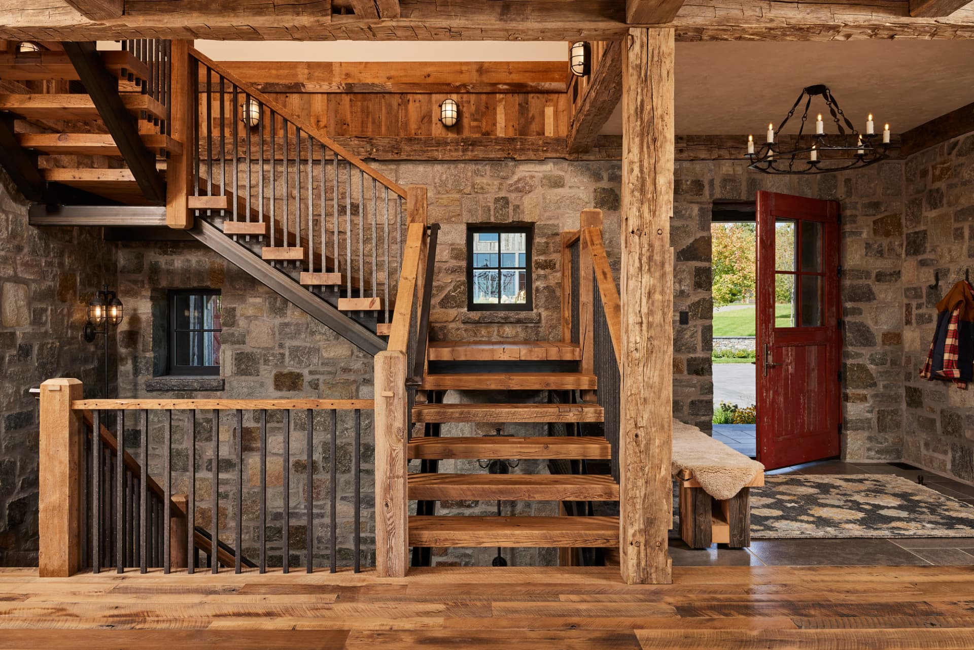 Timber Retreat stone entry and timber staircase