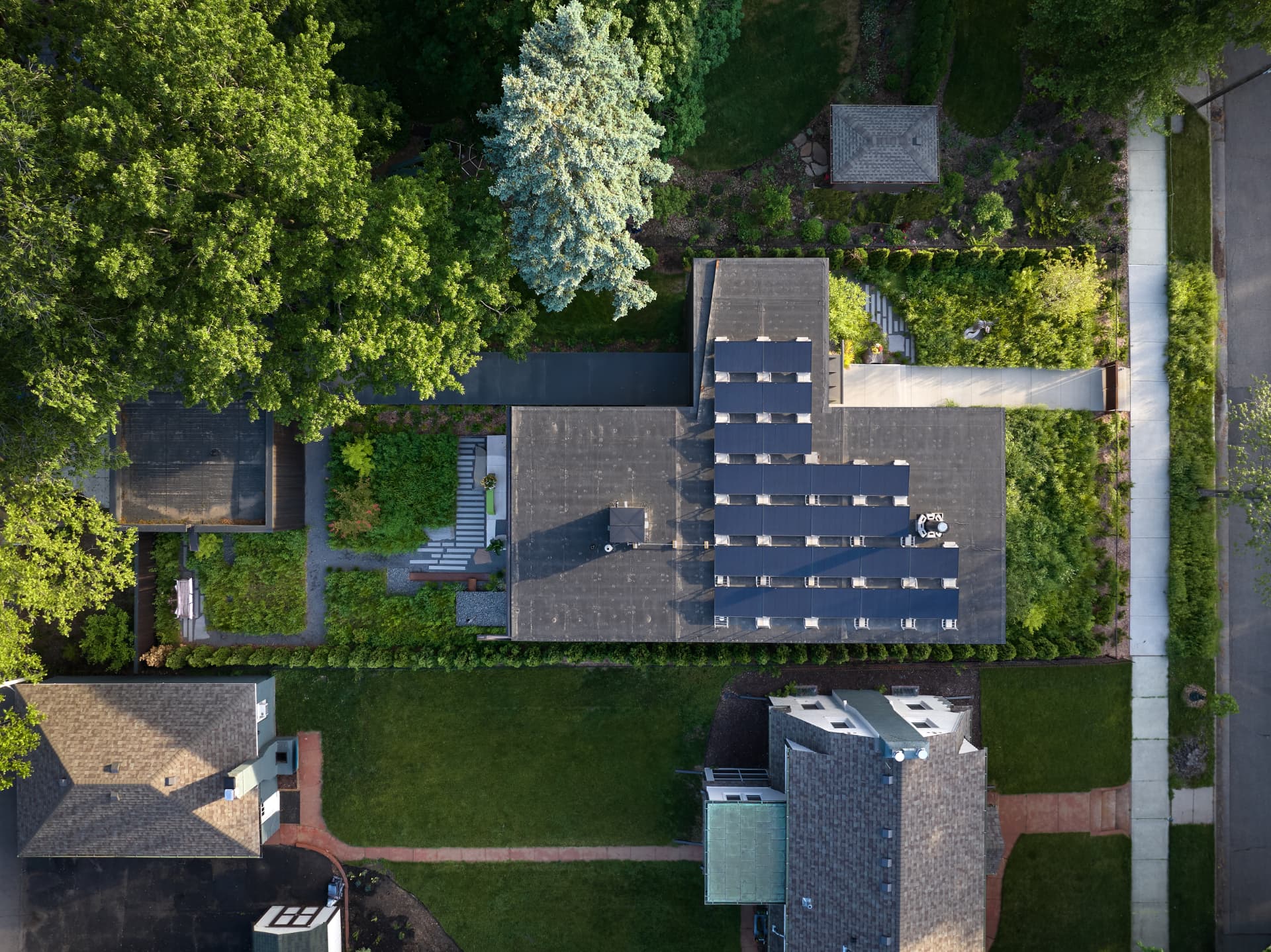 Aerial view of the River’s Edge residence and gardens