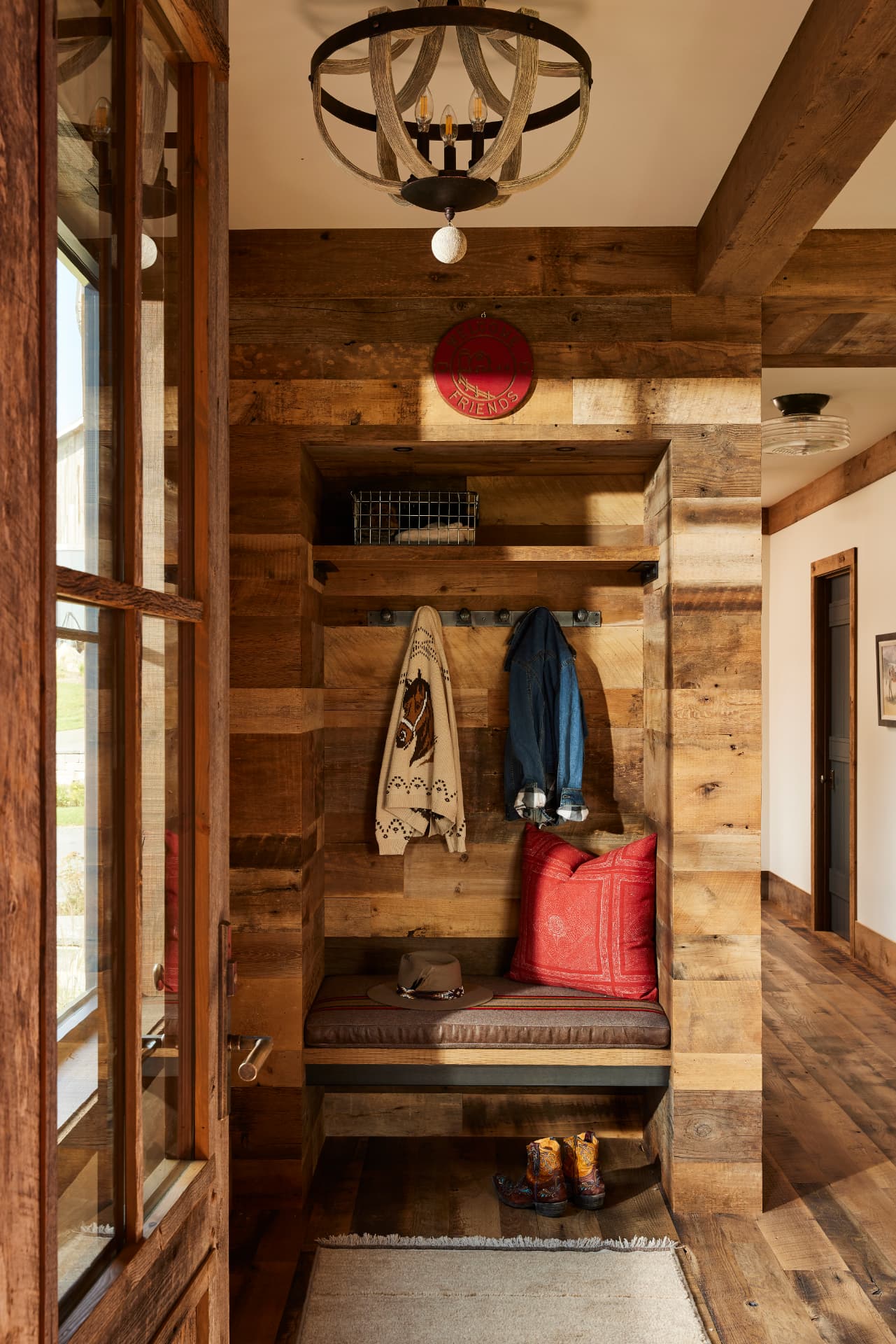 Timber Retreat mudroom entry with built-in bench