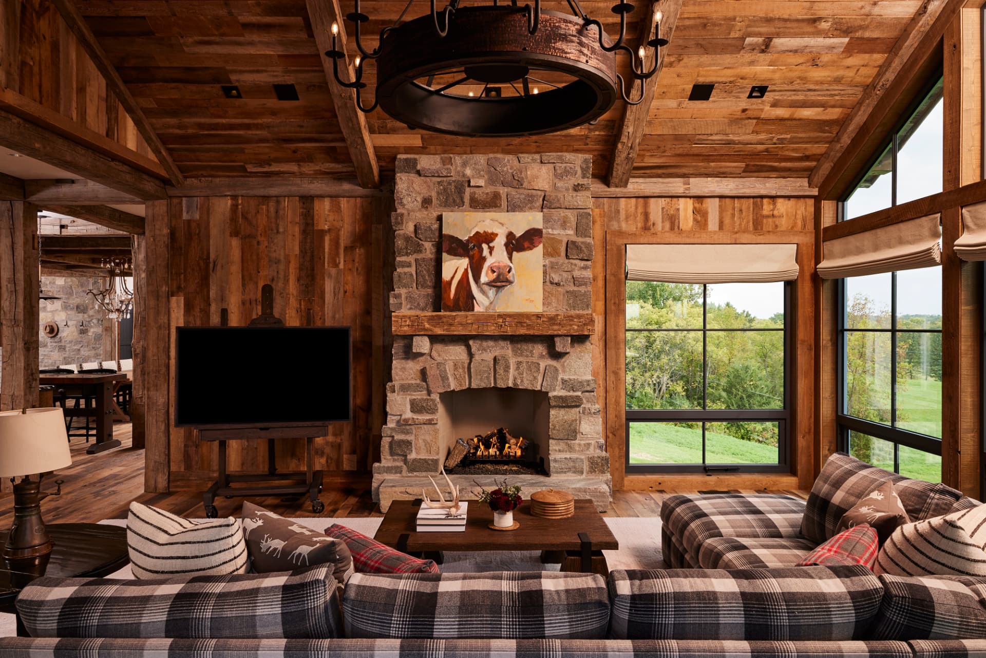 Timber Retreat great room with stone fireplace