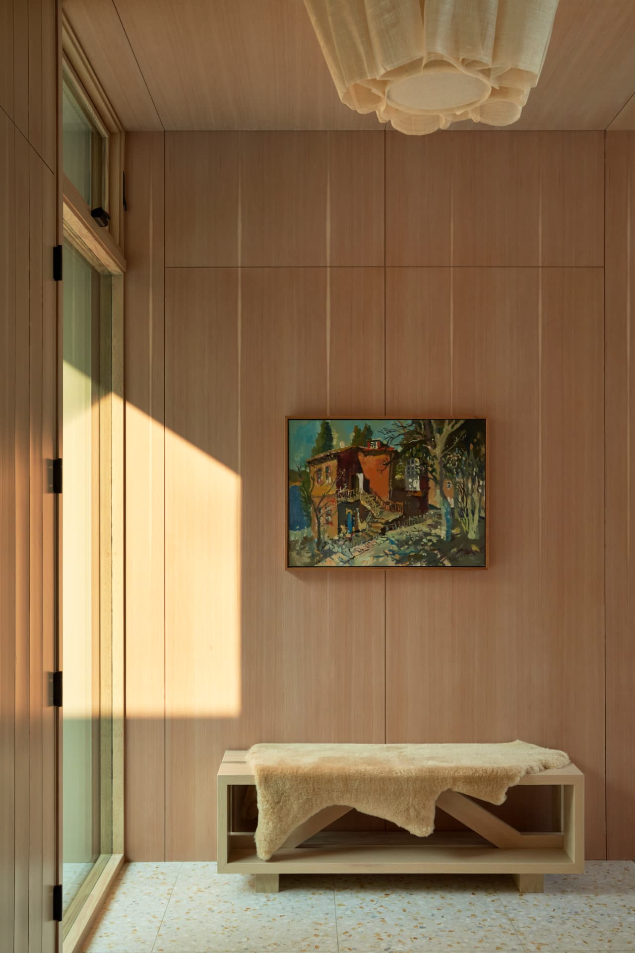 Hill House white oak foyer with original artwork