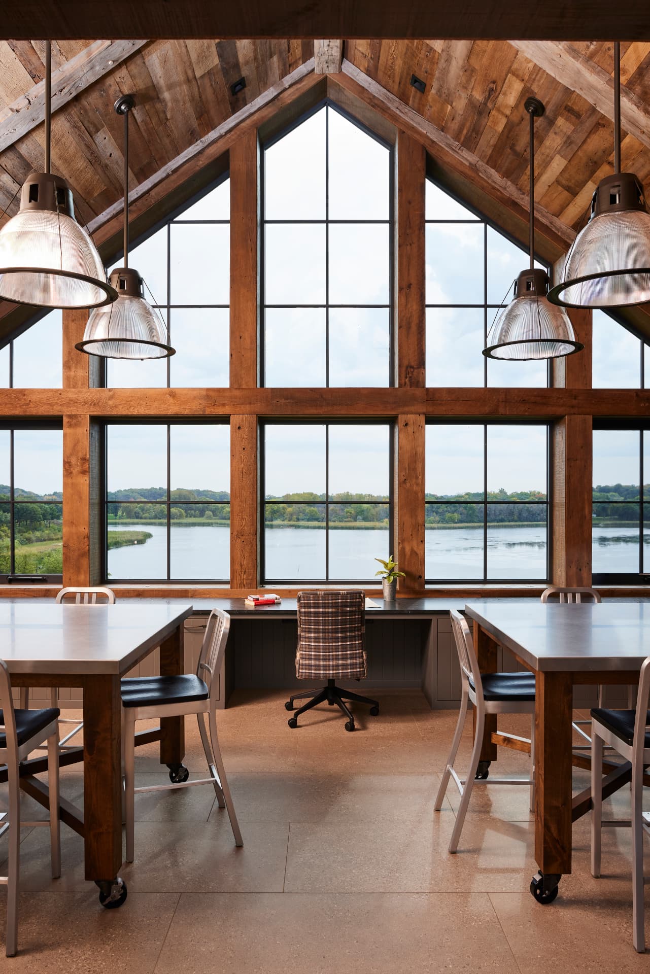 Timber Retreat craft room with lake view and desks
