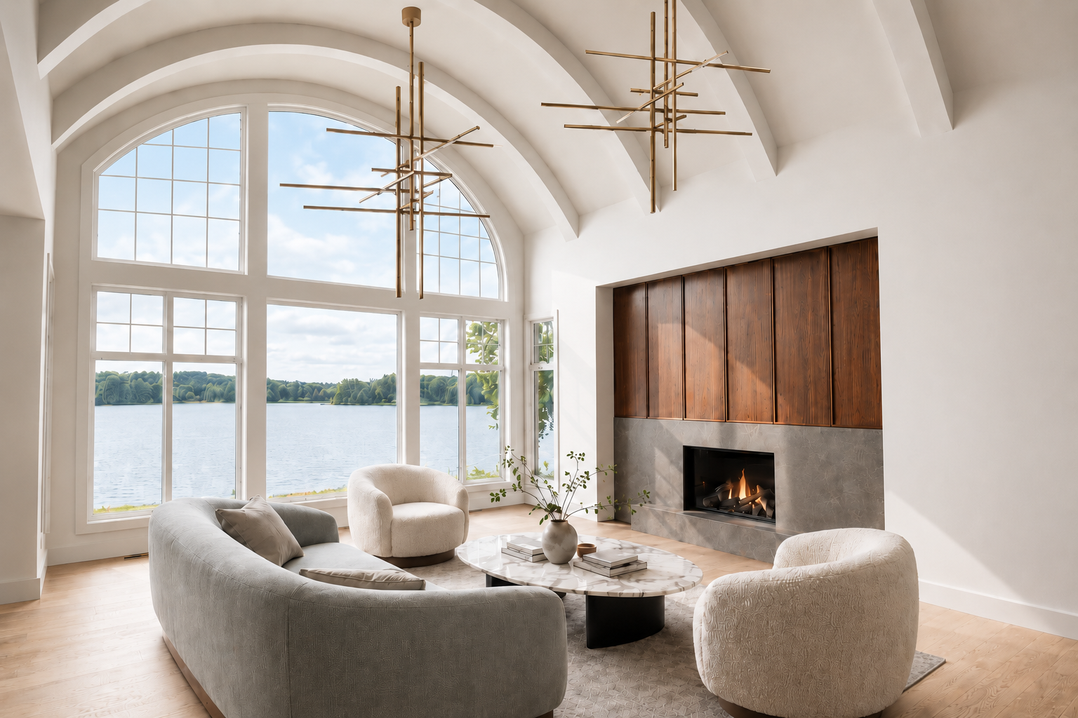 Little Orchard living room with arched ceilings overlooking Lake Minnetonka