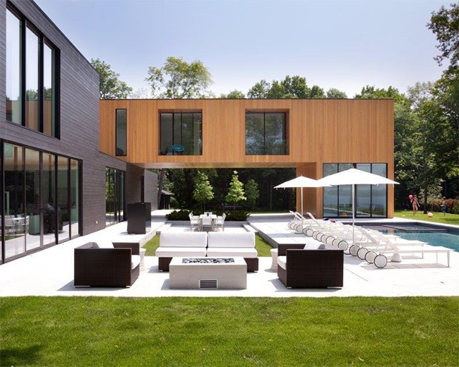 modern Deephaven lakeside custom home exterior pool and patio