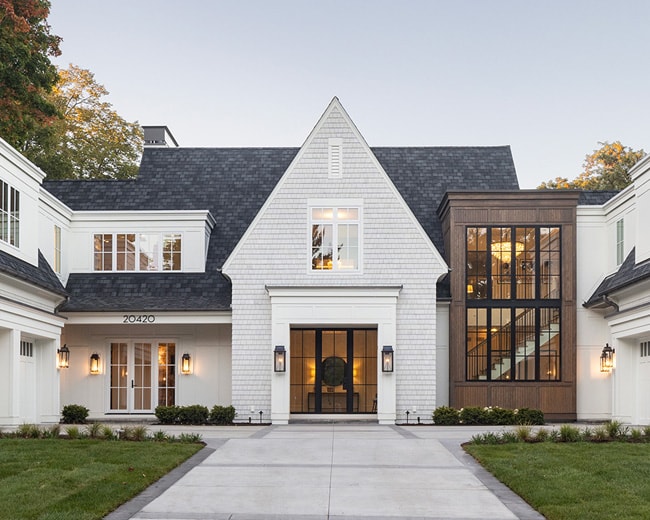 Carson Bay custom home exterior at dusk